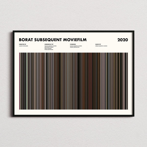 Borat Subsequent Moviefilm Movie Barcode Poster framed and photographed straight on