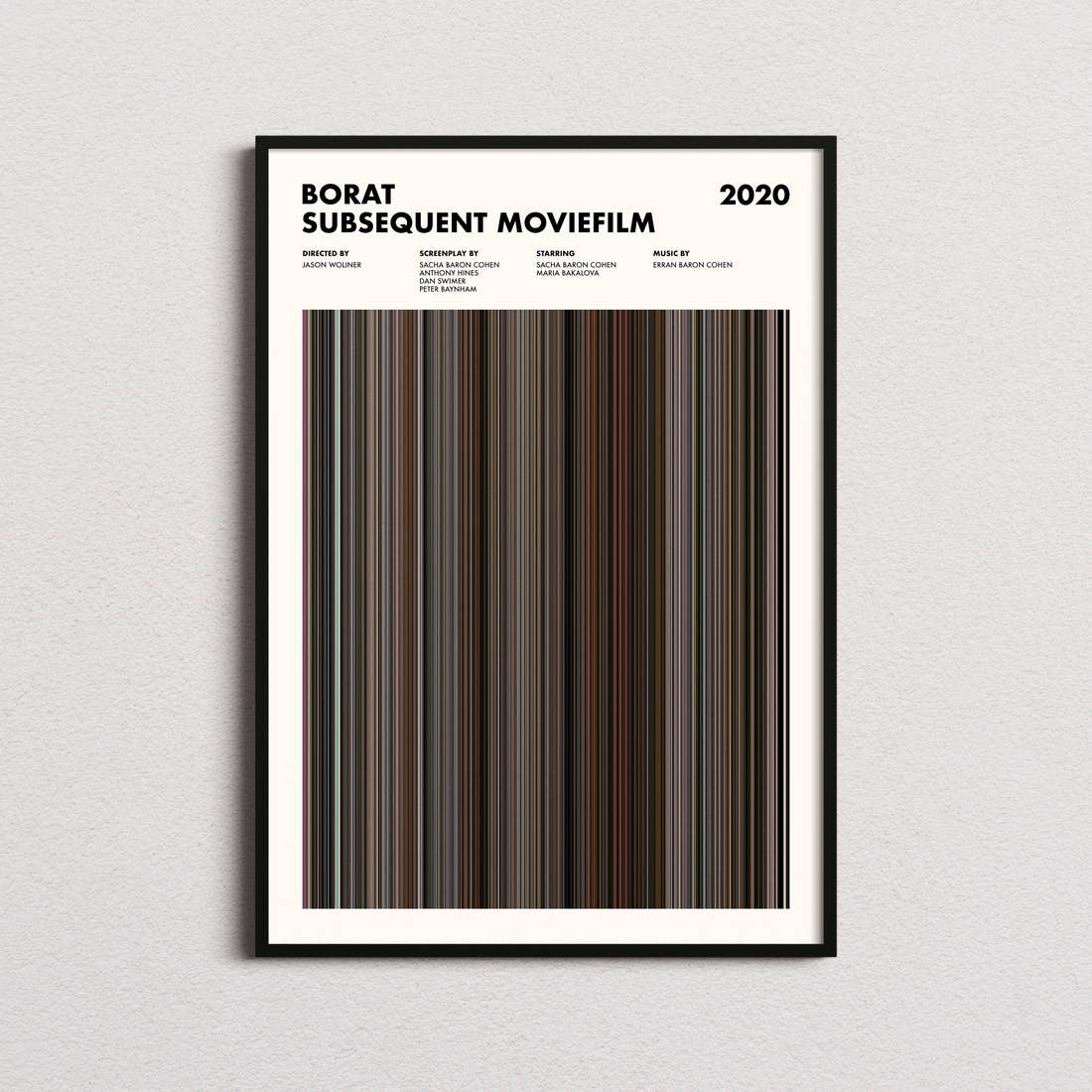 Borat Subsequent Moviefilm Movie Barcode Poster framed on a plain studio wall