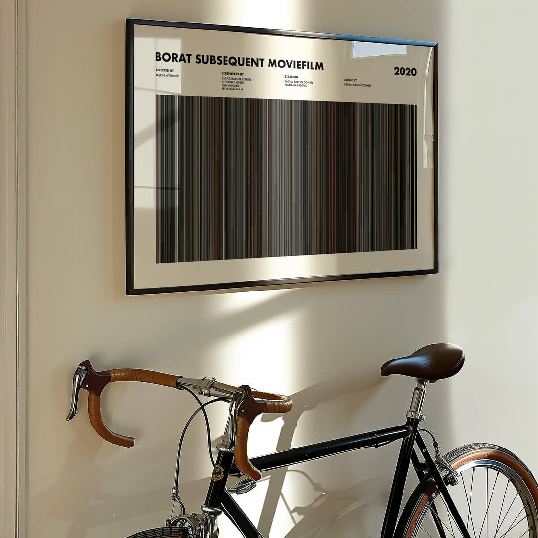 Borat Subsequent Moviefilm Movie Barcode Poster framed on the wall of a styled room setting