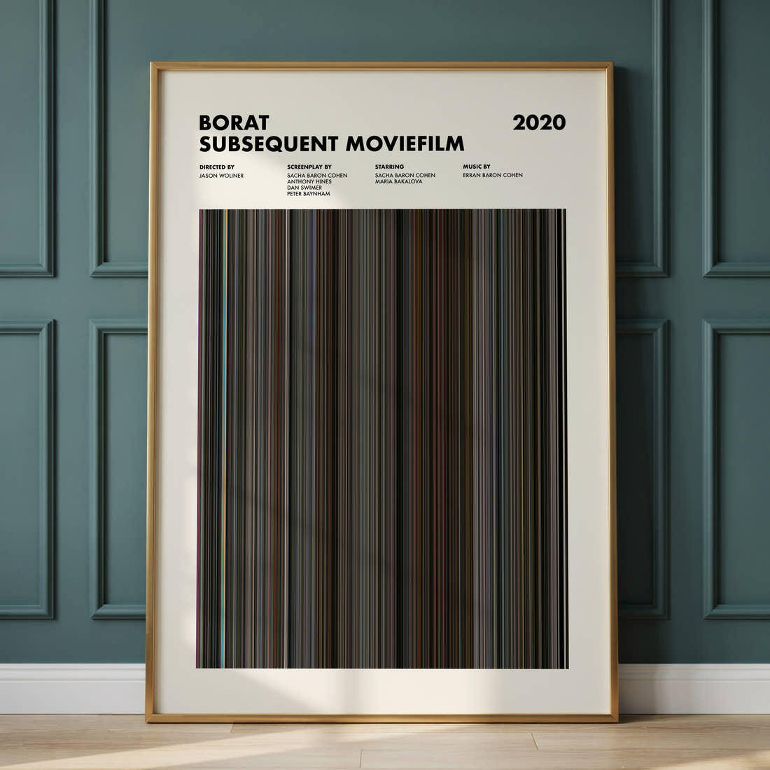 Borat Subsequent Moviefilm Movie Barcode Poster framed and leaning against a panelled wall