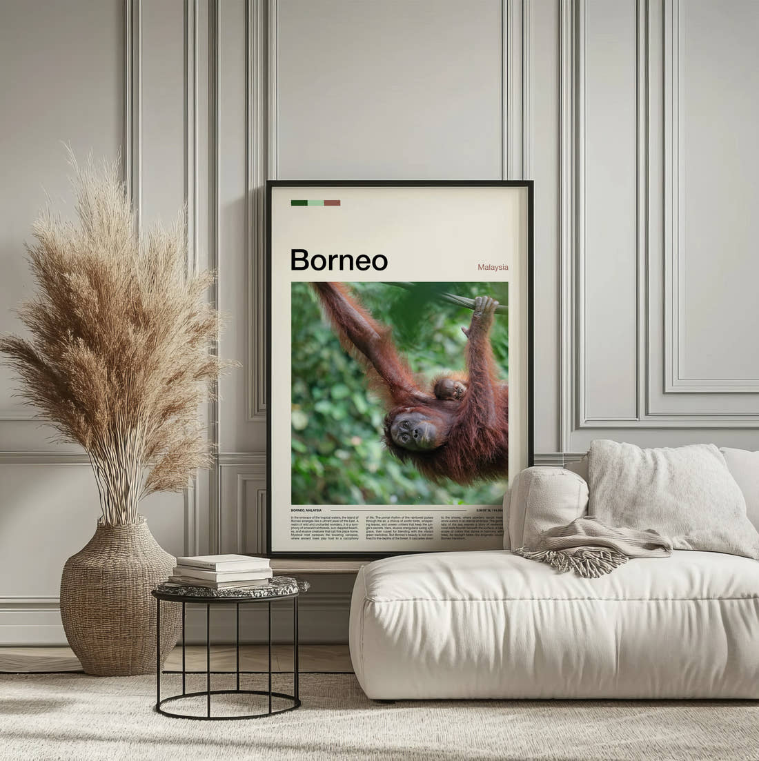 Borneo Orangutan Travel Print framed on the wall of a calm, neutral bedroom