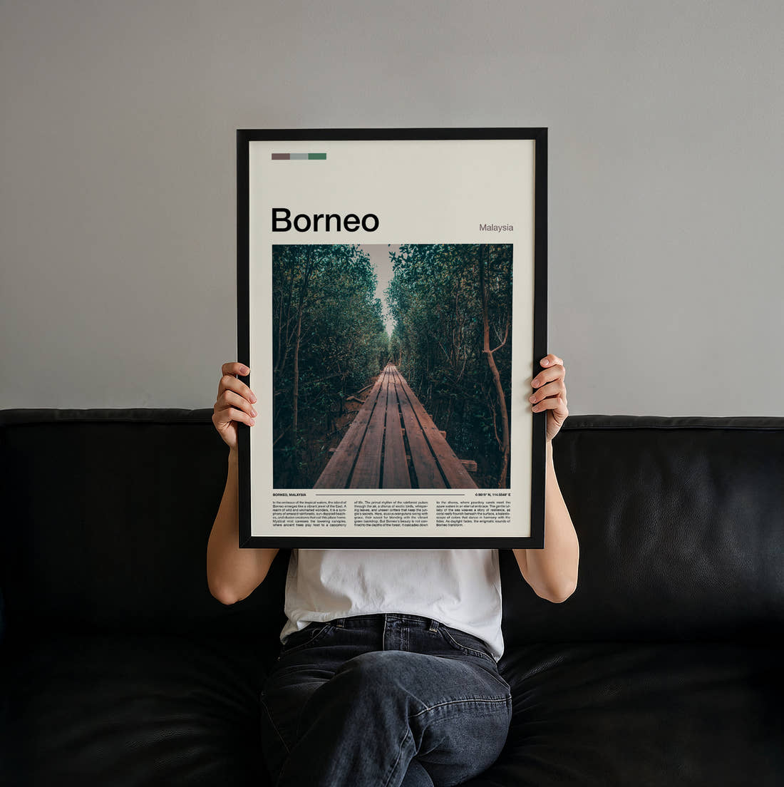 Borneo Boardwalk Through Jungle Travel Print held up by hand to show the size of the print