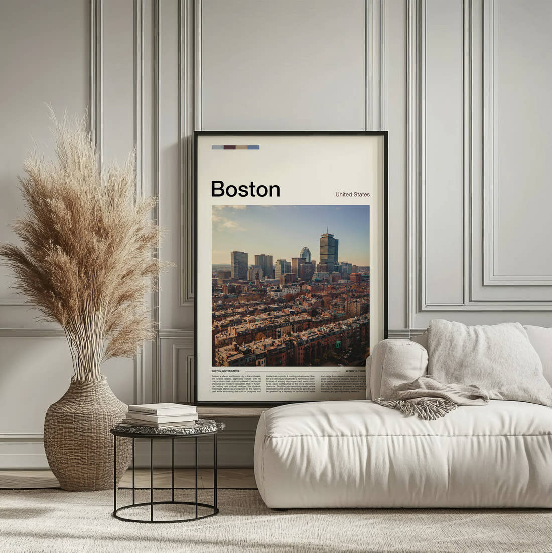 Boston Downtown Skyline Travel Print framed on the wall of a calm, neutral bedroom