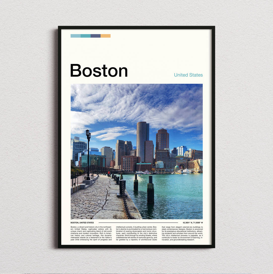 Boston Waterfront Skyline Travel Print framed and photographed straight on