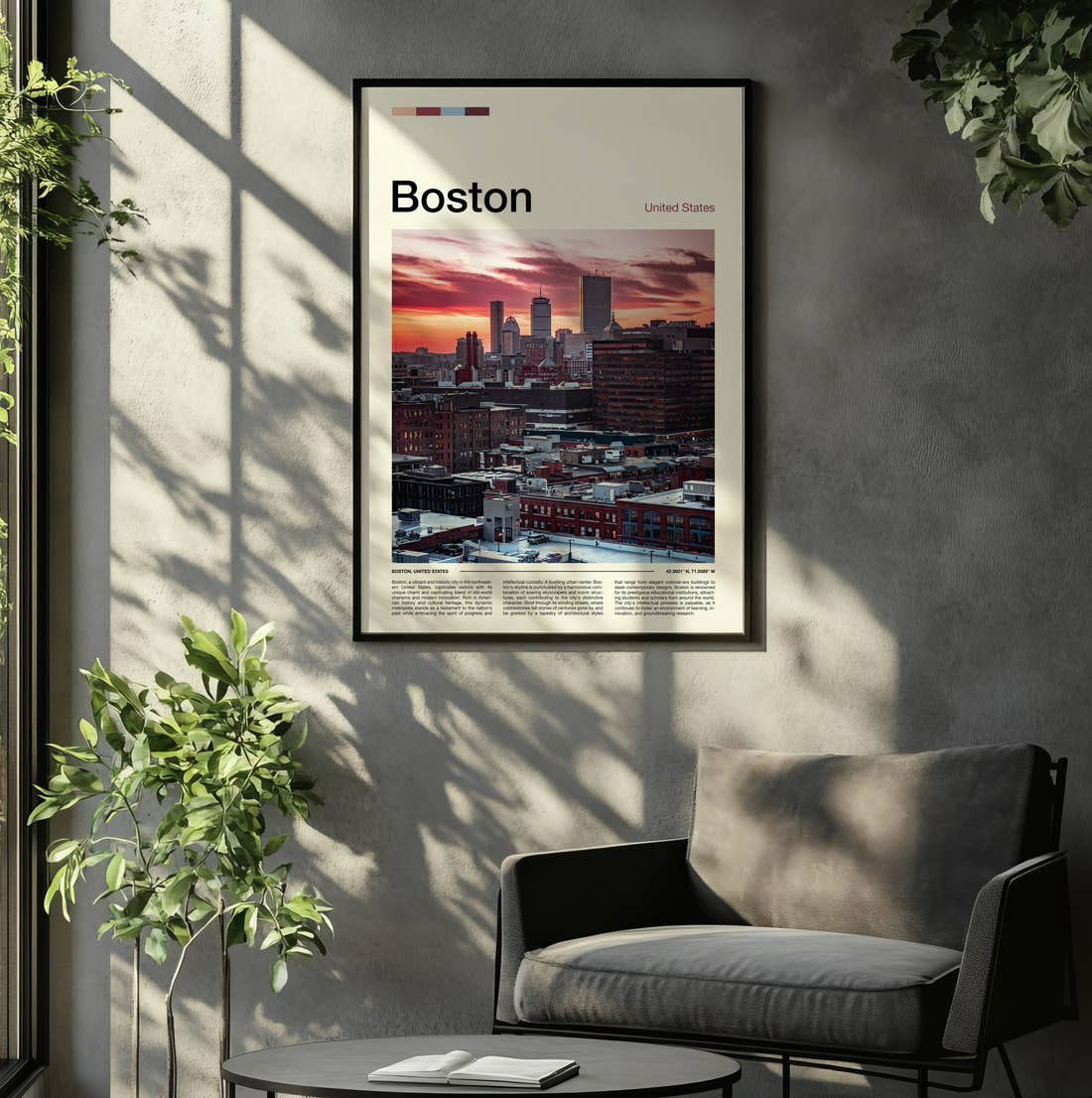 Boston Skyline At Sunset Travel Print framed on the wall of a relaxed living room