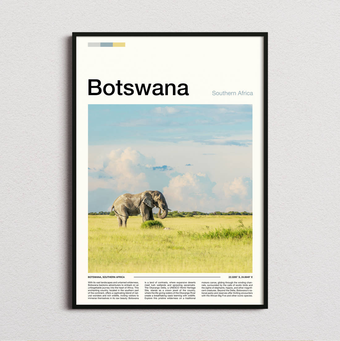 Botswana Elephant In Grassland Travel Print framed and photographed straight on
