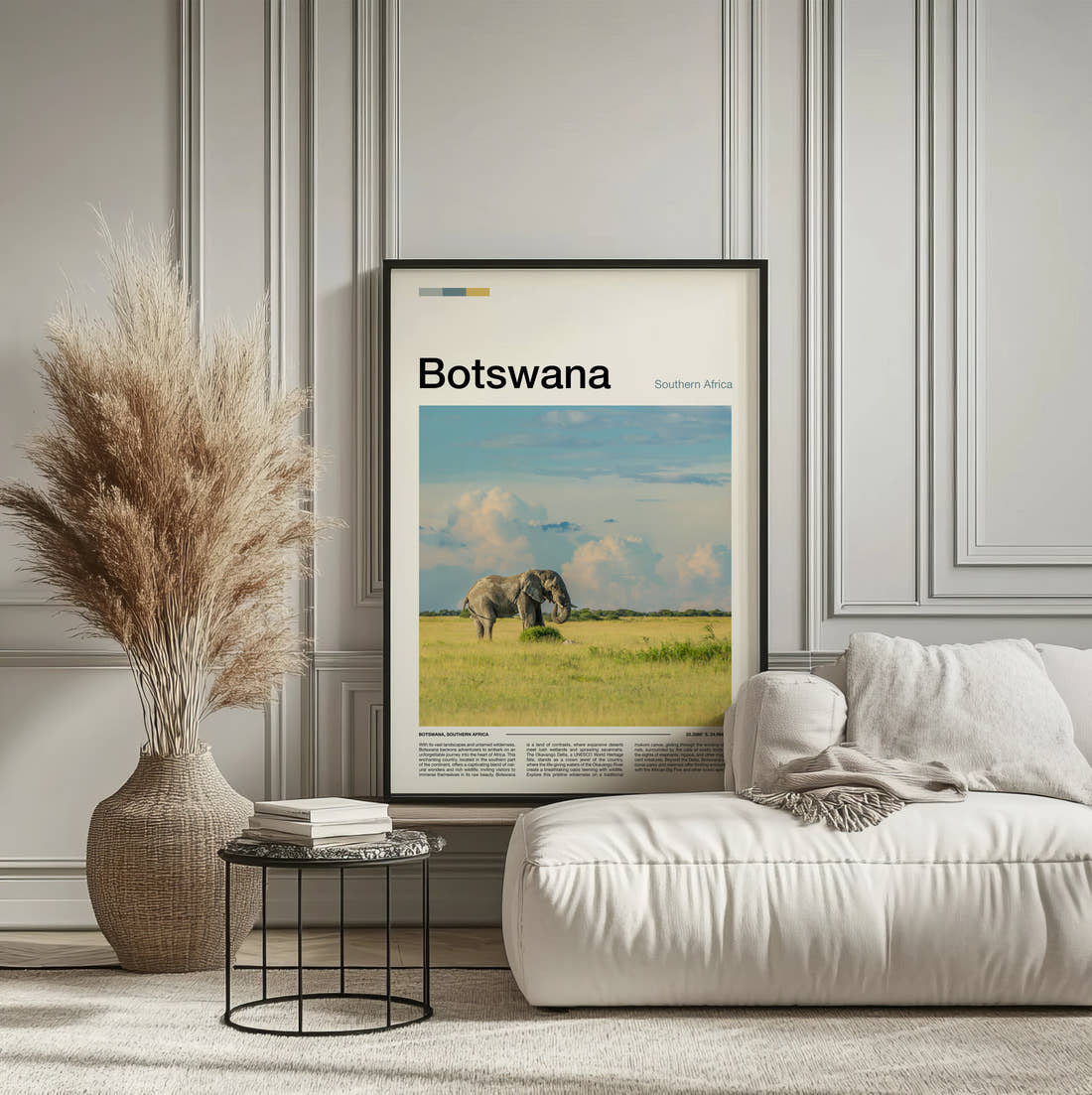 Botswana Elephant In Grassland Travel Print framed on the wall of a calm, neutral bedroom