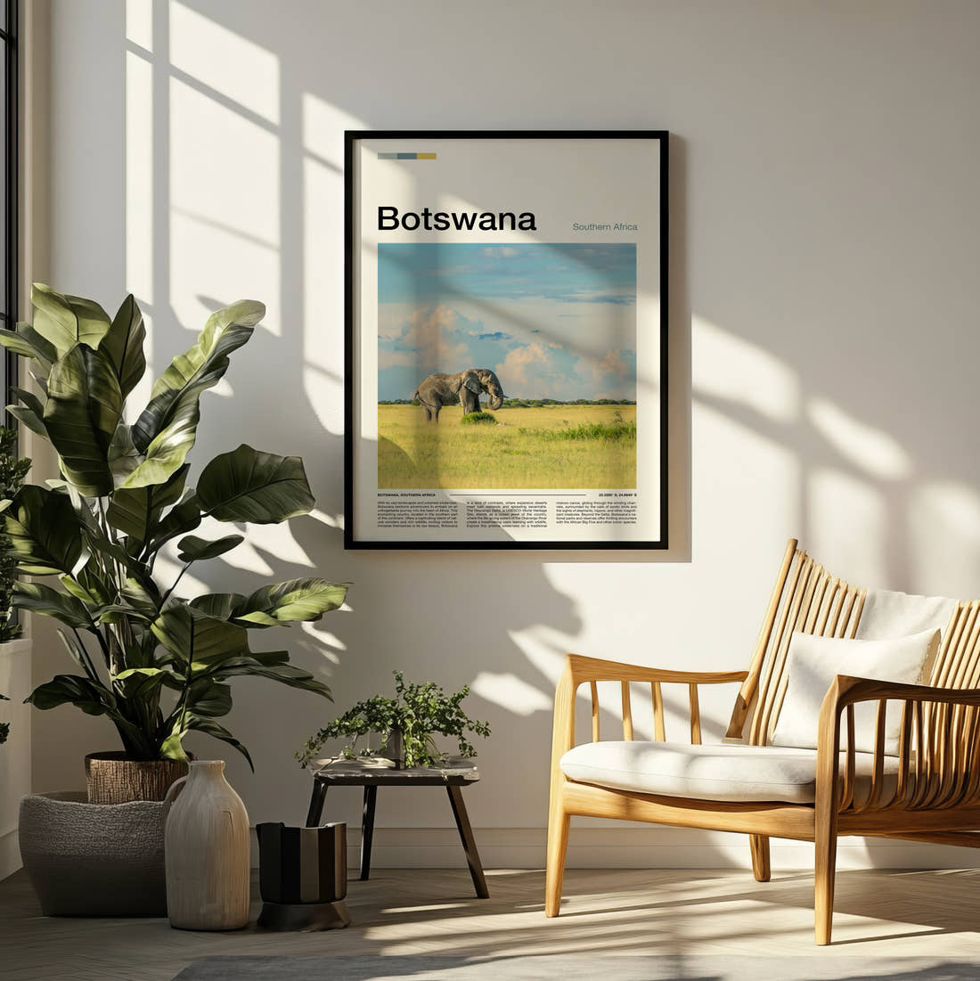 Botswana Elephant In Grassland Travel Print framed on a pale wall beside houseplants