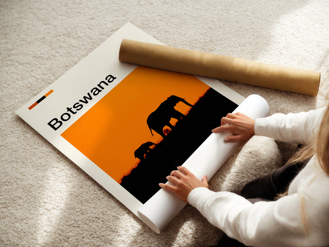 Botswana Elephants At Sunset Travel Print being unrolled from its postal tube