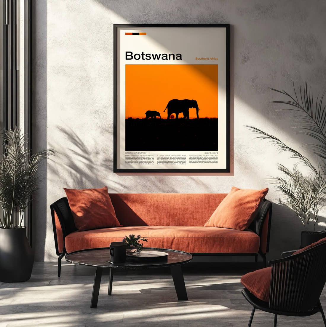 Botswana Elephants At Sunset Travel Print framed on the wall of a modern living room