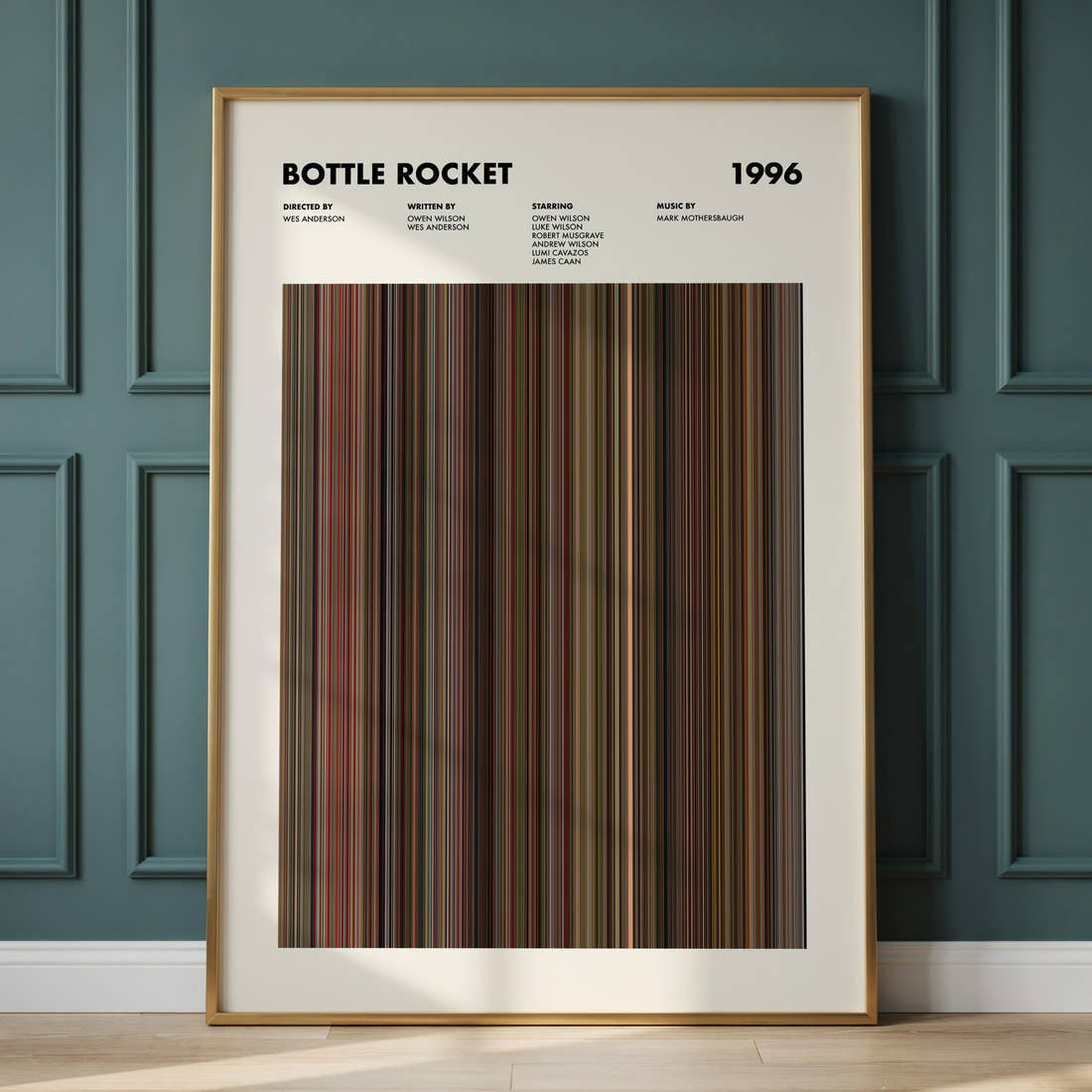 Bottle Rocket Movie Barcode Poster framed and leaning against a panelled wall