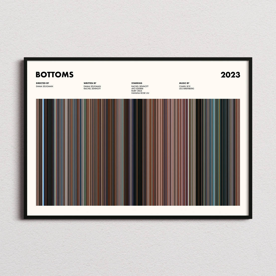 Bottoms Movie Barcode Poster framed and photographed straight on