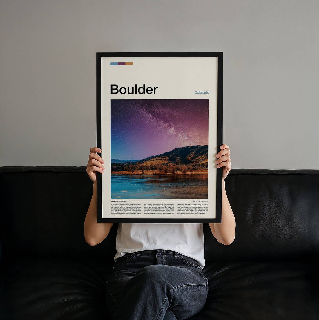 Boulder Starry Sky Over Lake Travel Print held up by hand to show the size of the print