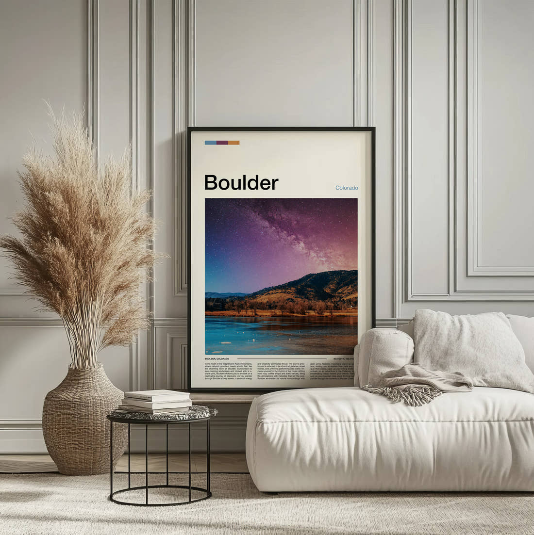 Boulder Starry Sky Over Lake Travel Print framed on the wall of a calm, neutral bedroom