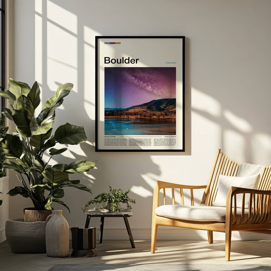 Boulder Starry Sky Over Lake Travel Print framed on a pale wall beside houseplants