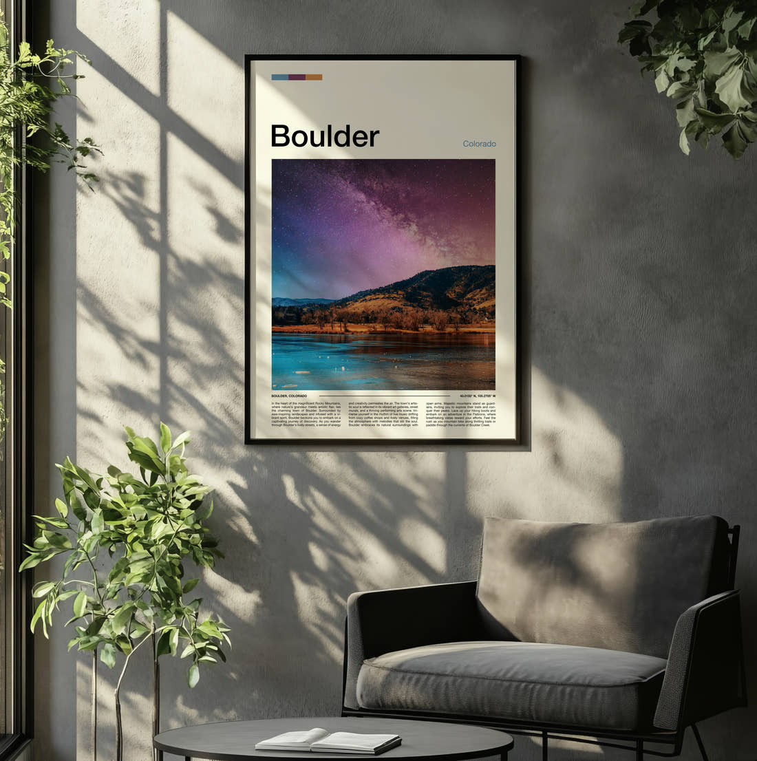 Boulder Starry Sky Over Lake Travel Print framed on the wall of a relaxed living room