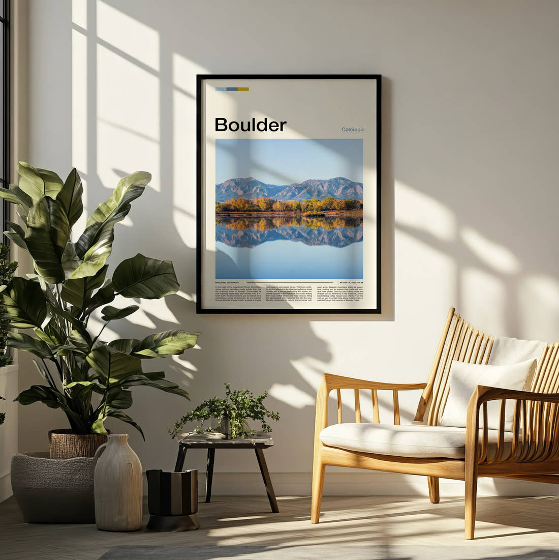 Boulder Mountains Reflected In Water Travel Print framed on a pale wall beside houseplants