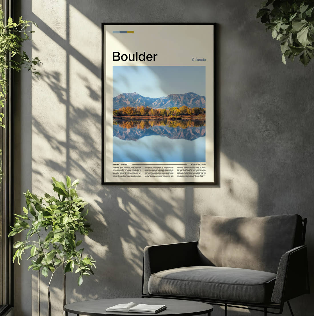 Boulder Mountains Reflected In Water Travel Print framed on the wall of a relaxed living room