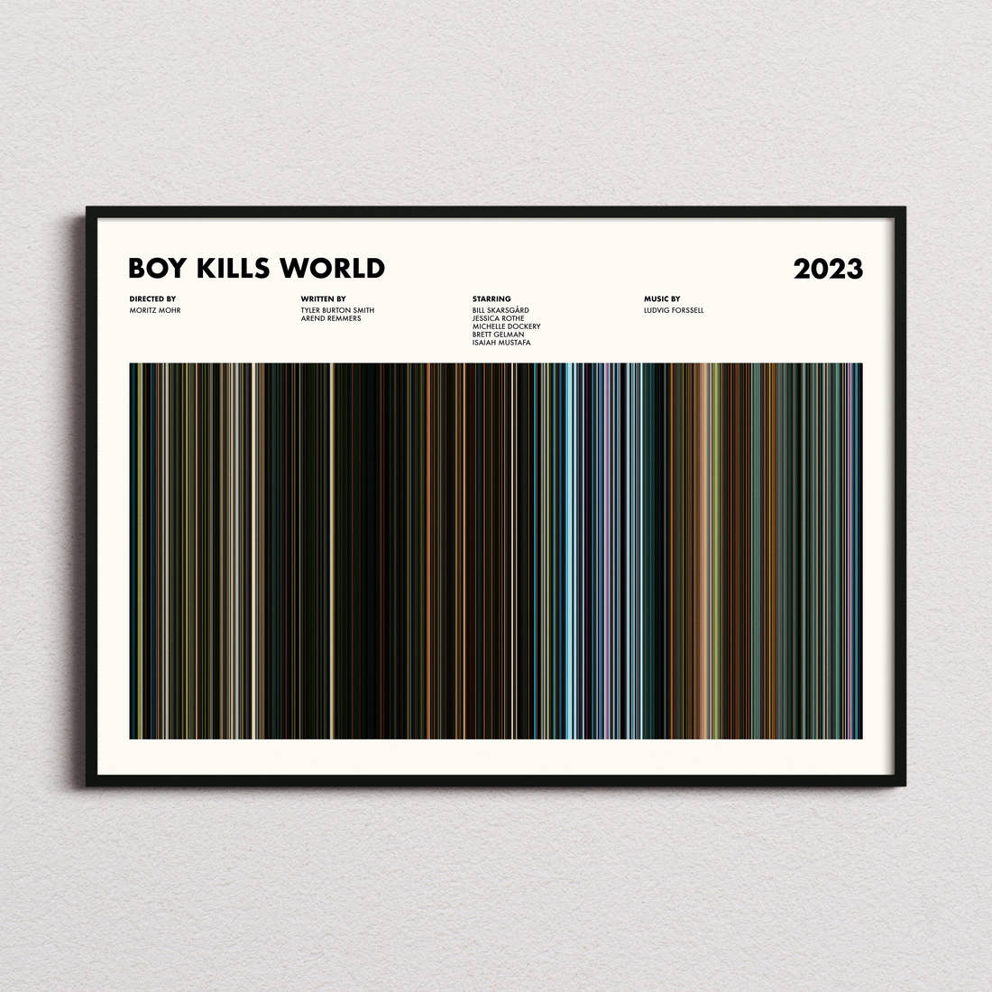 Boy Kills World Movie Barcode Poster framed and photographed straight on