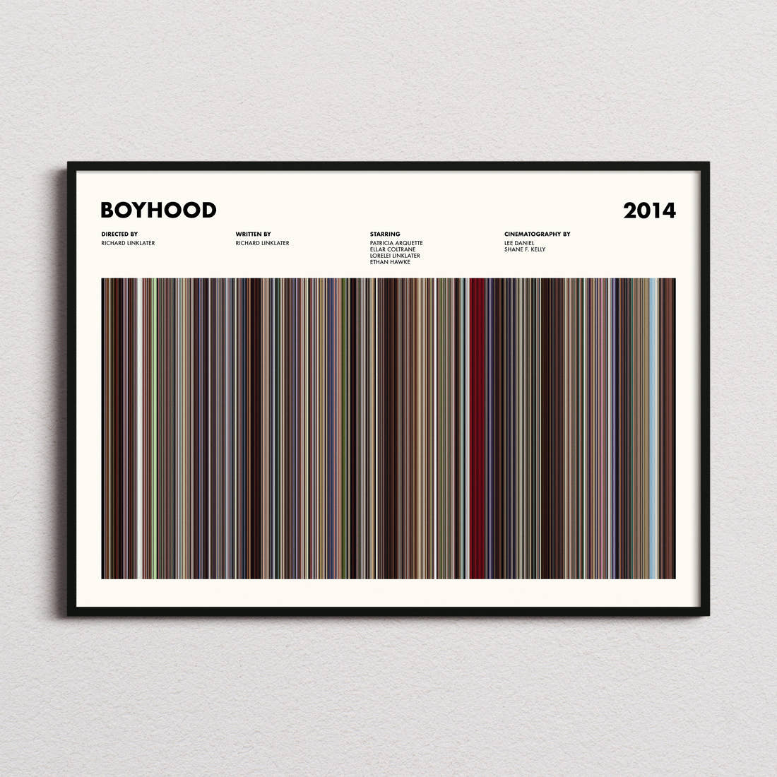 Boyhood Movie Barcode Poster framed and photographed straight on