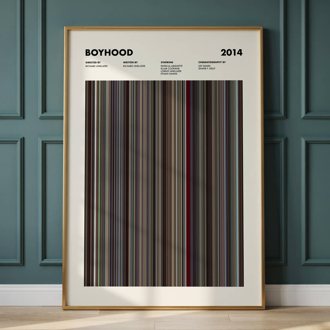 Boyhood Movie Barcode Poster framed and leaning against a panelled wall