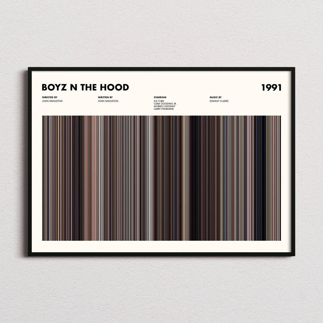 Boyz n the Hood Movie Barcode Poster framed and photographed straight on