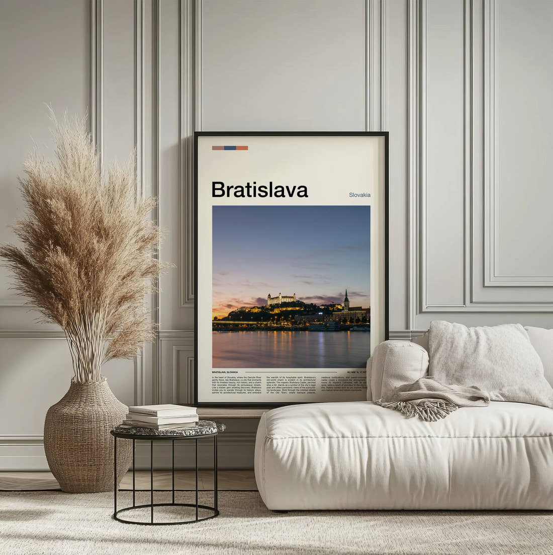 Bratislava Hilltop Castle Travel Print framed on the wall of a calm, neutral bedroom