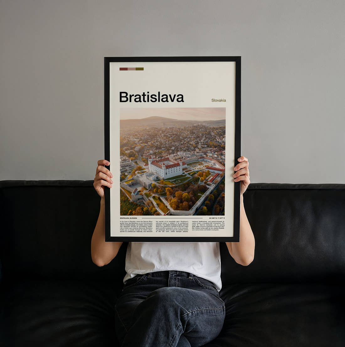 Bratislava Castle And Autumn Trees Travel Print held up by hand to show the size of the print