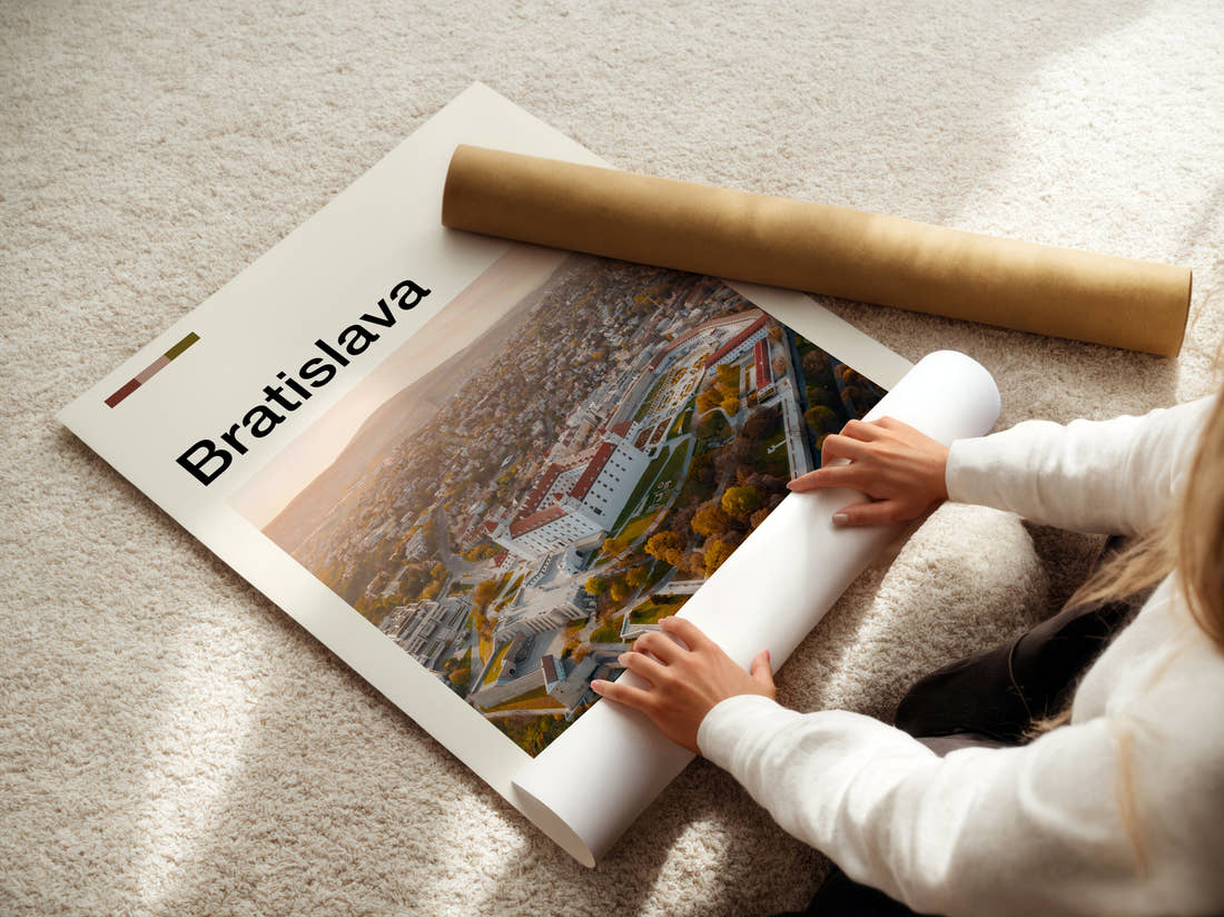 Bratislava Castle And Autumn Trees Travel Print being unrolled from its postal tube