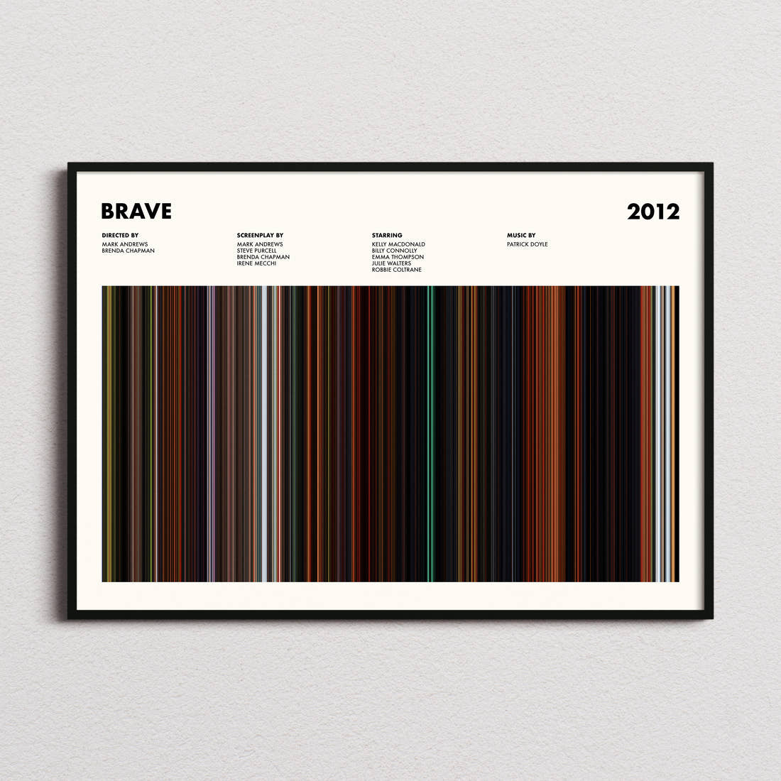 Brave Movie Barcode Poster framed and photographed straight on