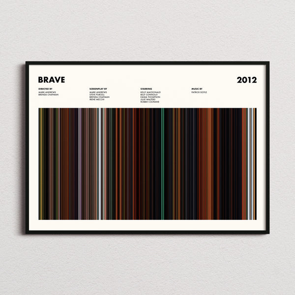 Brave Movie Barcode Poster framed and photographed straight on