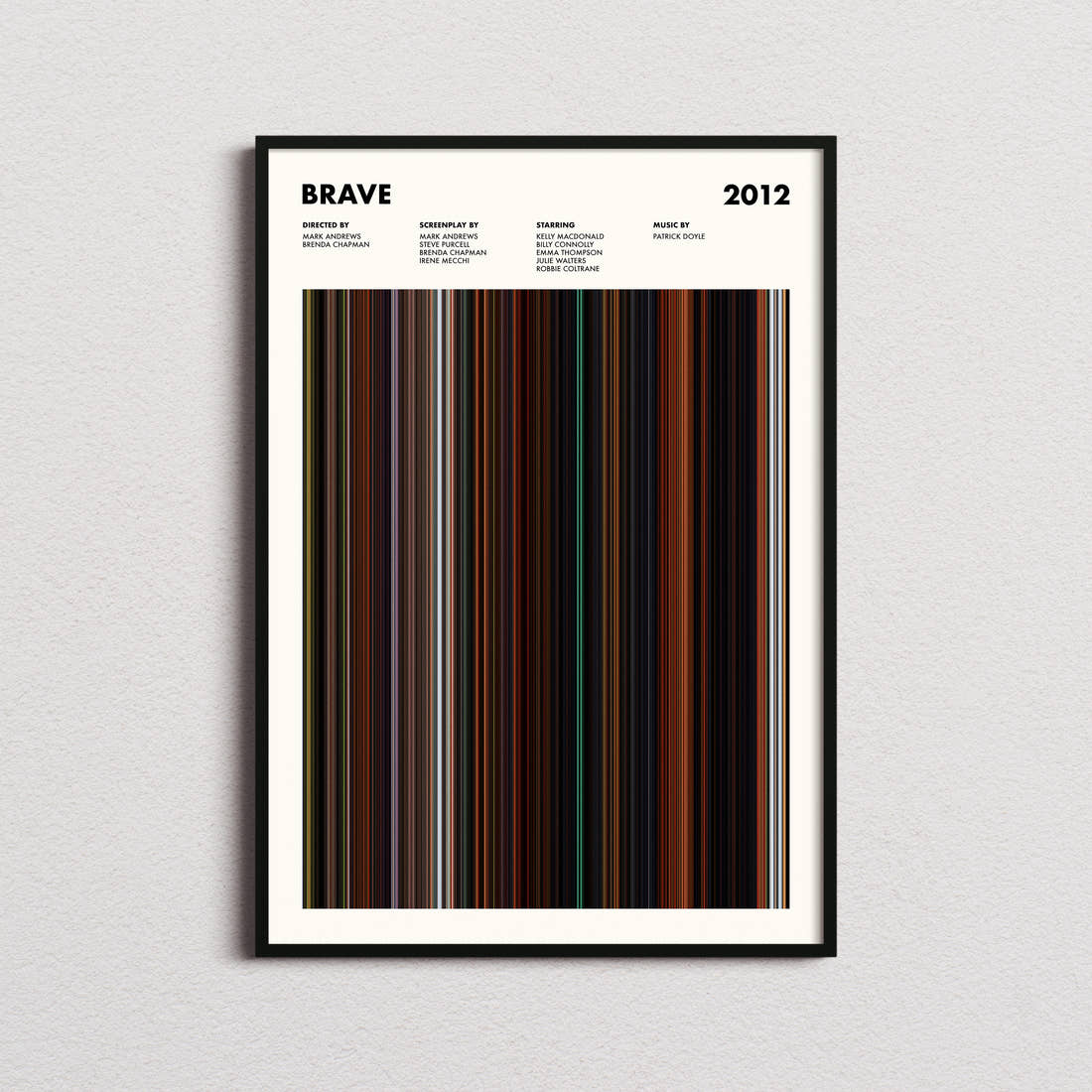 Brave Movie Barcode Poster framed on a plain studio wall