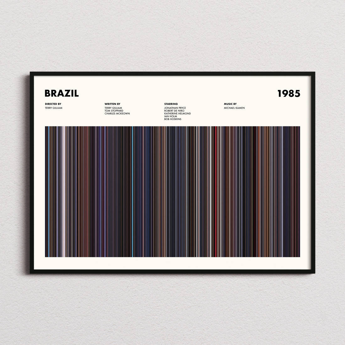 Brazil Movie Barcode Poster framed and photographed straight on