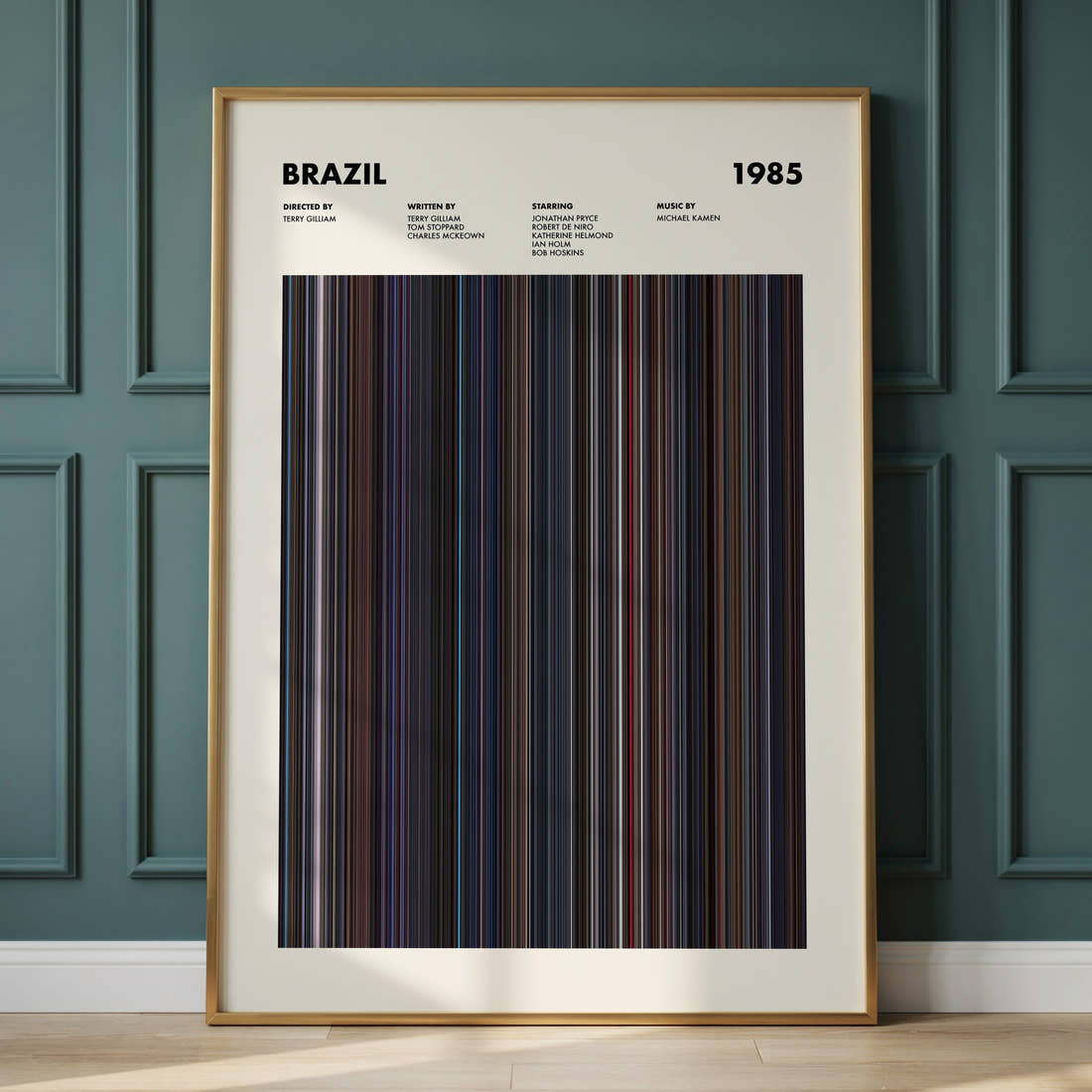 Brazil Movie Barcode Poster framed and leaning against a panelled wall