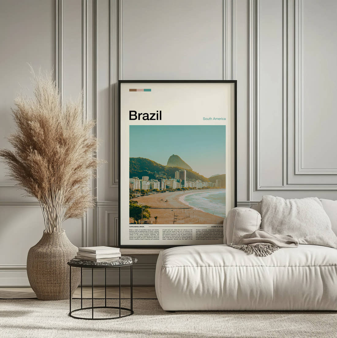 Brazil Copacabana Beach Travel Print framed on the wall of a calm, neutral bedroom