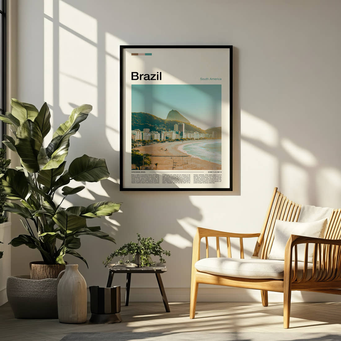 Brazil Copacabana Beach Travel Print framed on a pale wall beside houseplants