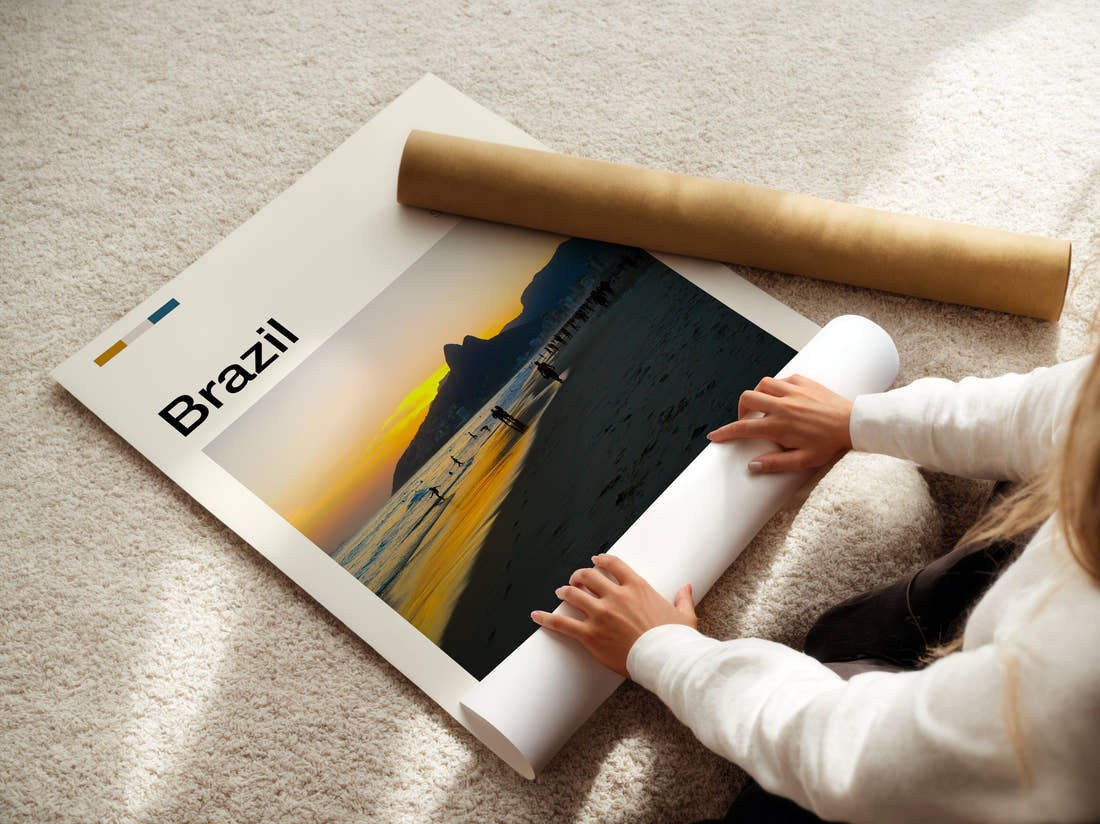 Brazil Ipanema Beach At Sunset Travel Print being unrolled from its postal tube