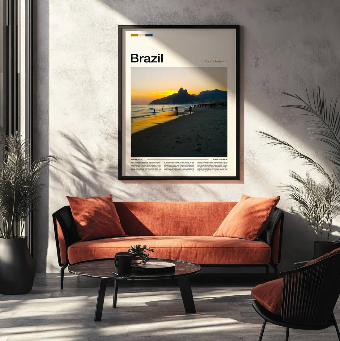 Brazil Ipanema Beach At Sunset Travel Print framed on the wall of a modern living room
