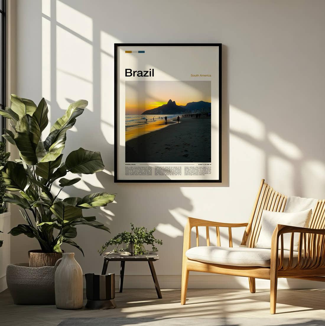 Brazil Ipanema Beach At Sunset Travel Print framed on a pale wall beside houseplants