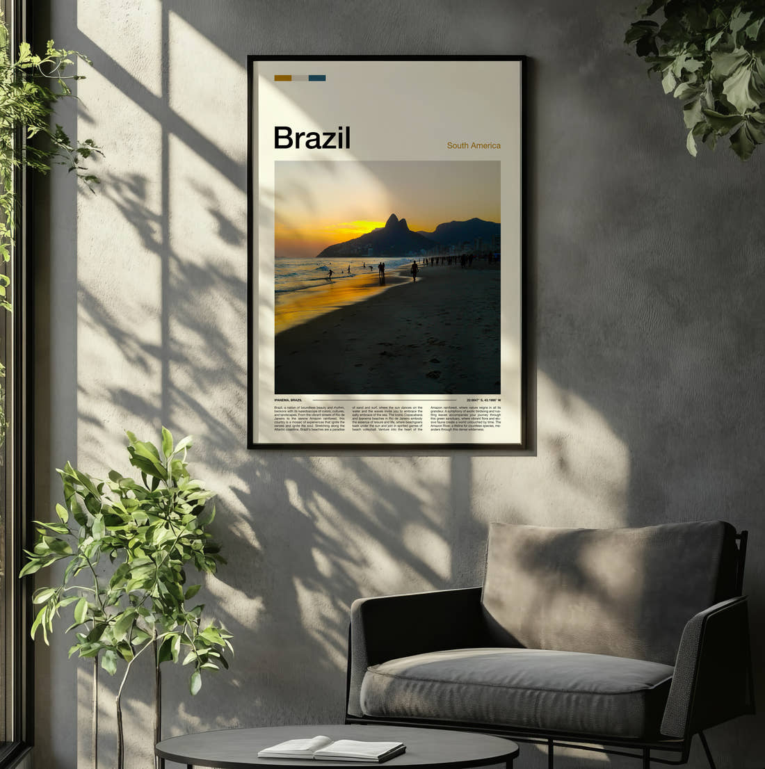 Brazil Ipanema Beach At Sunset Travel Print framed on the wall of a relaxed living room