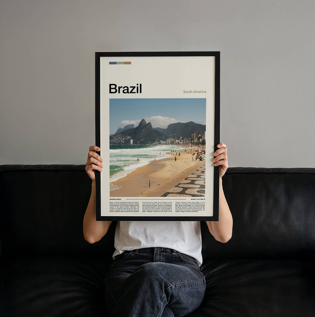 Brazil Ipanema Beach Travel Print held up by hand to show the size of the print
