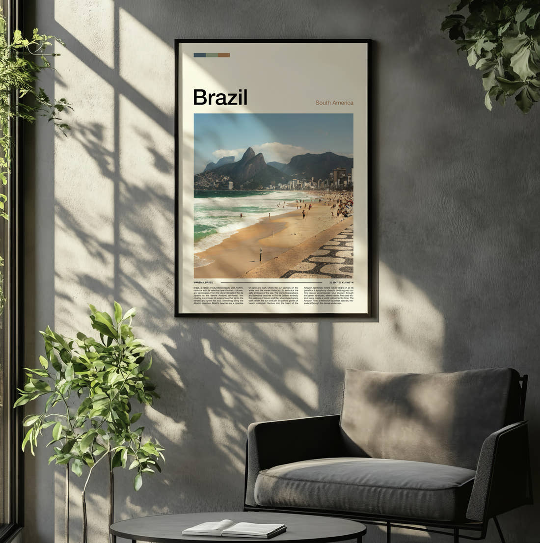 Brazil Ipanema Beach Travel Print framed on the wall of a relaxed living room