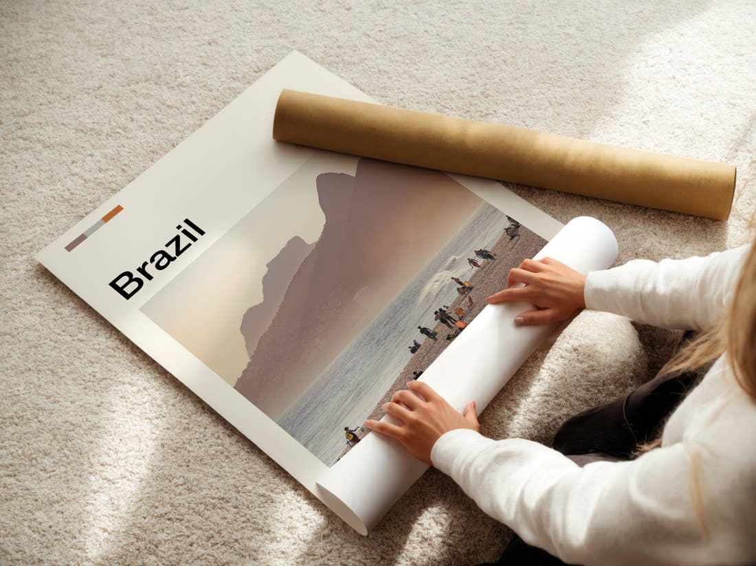 Brazil Two Brothers Mountain Travel Print being unrolled from its postal tube