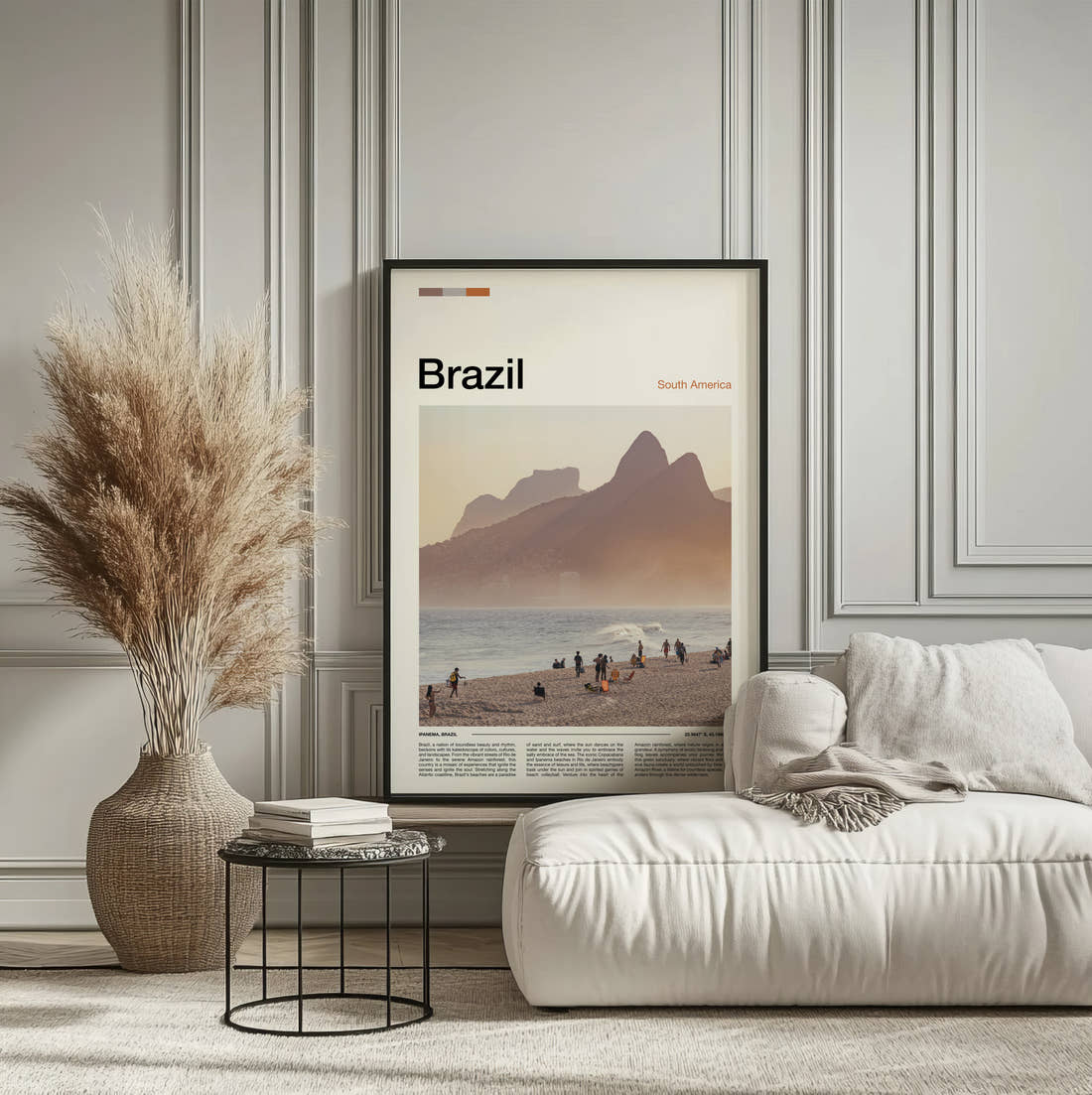 Brazil Two Brothers Mountain Travel Print framed on the wall of a calm, neutral bedroom