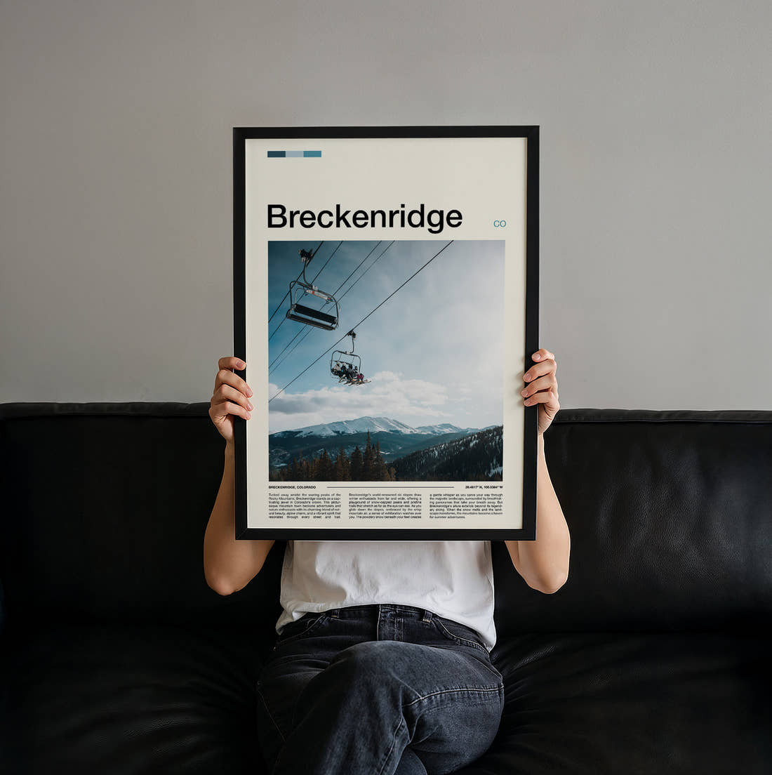 Breckenridge Ski Chairlift Travel Print held up by hand to show the size of the print