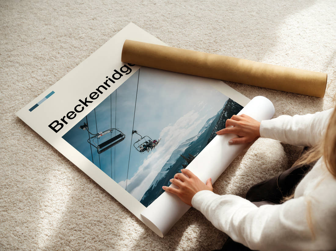 Breckenridge Ski Chairlift Travel Print being unrolled from its postal tube