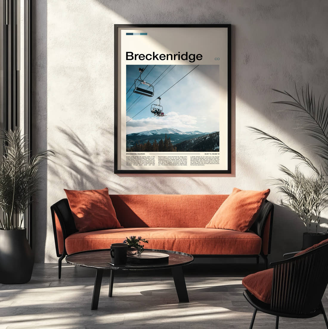 Breckenridge Ski Chairlift Travel Print framed on the wall of a modern living room