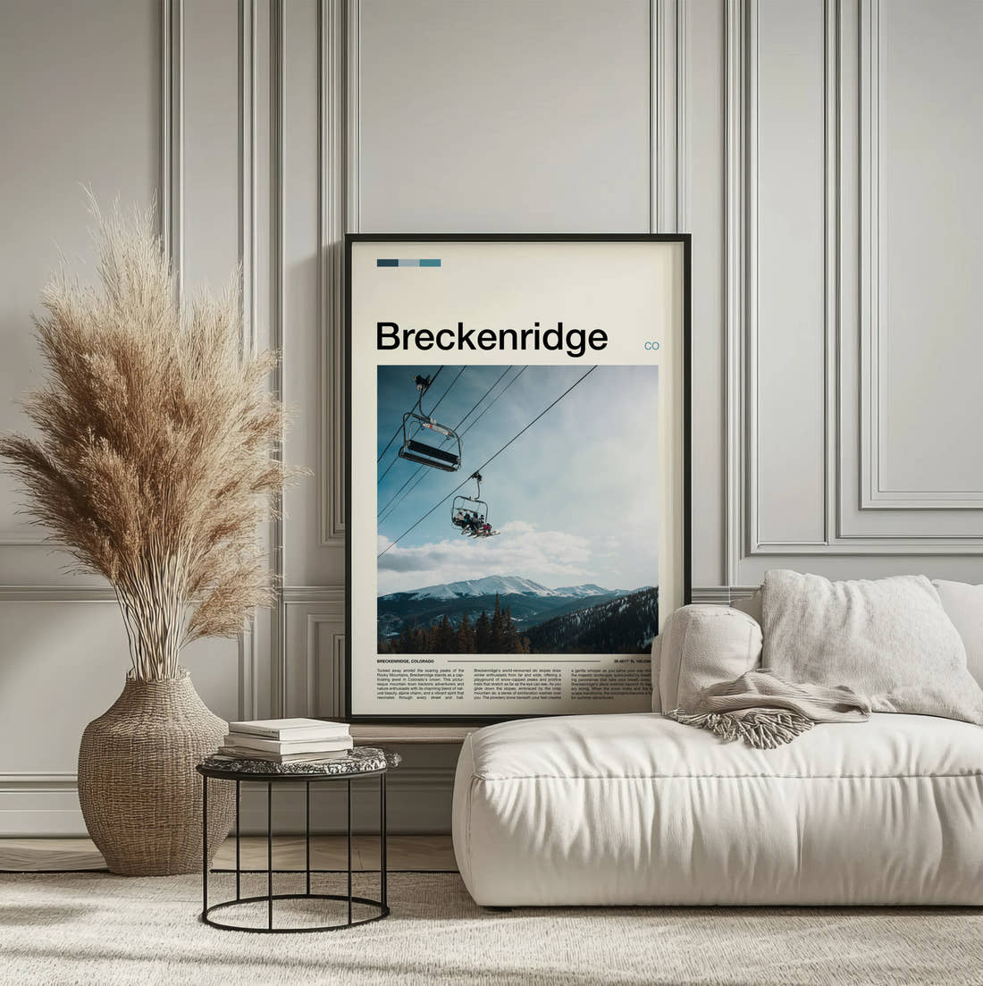 Breckenridge Ski Chairlift Travel Print framed on the wall of a calm, neutral bedroom