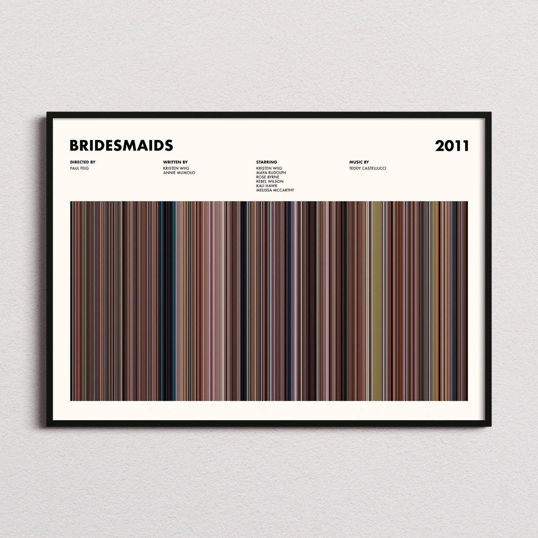 Bridesmaids Movie Barcode Poster framed and photographed straight on