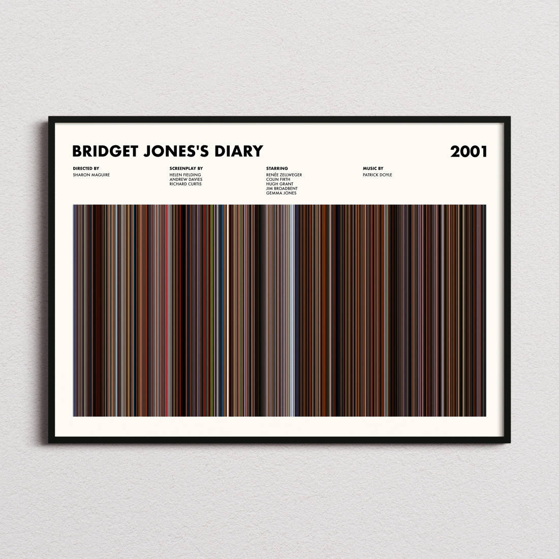 Bridget Jones's Diary Movie Barcode Poster framed and photographed straight on